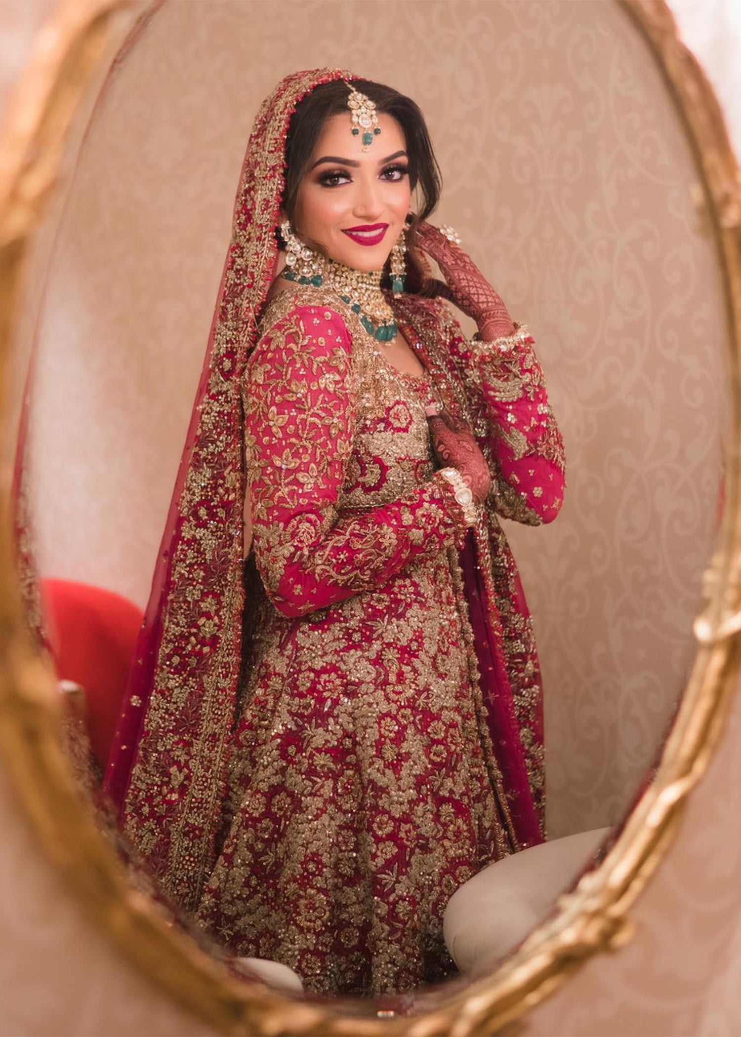 Pakistani Deep Magenta Embroidered Silk Bridal Lehenga (3-Piece) - Image 3