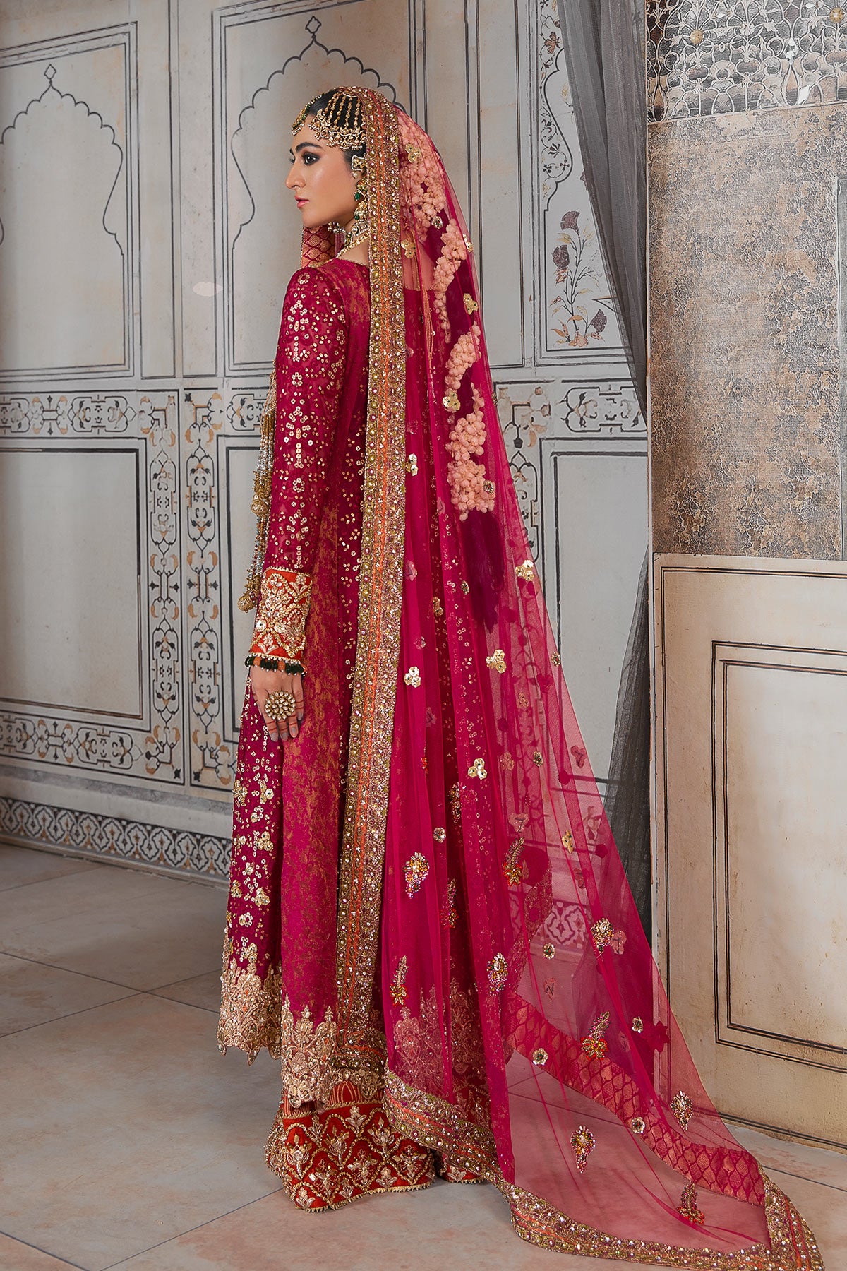 Pakistani Deep Magenta Embroidered Silk Bridal Lehenga (3-Piece) - Image 2