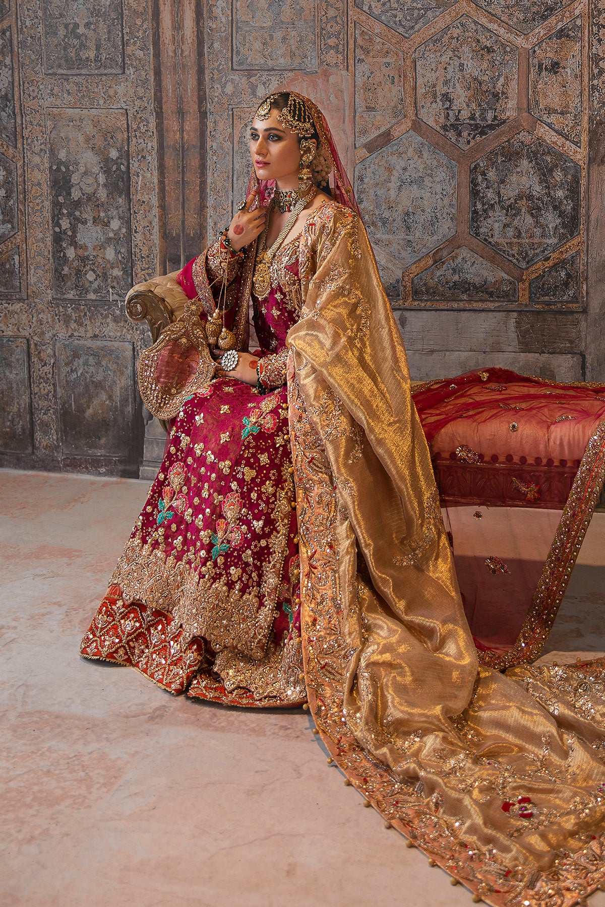 Pakistani Deep Magenta Embroidered Silk Bridal Lehenga (3-Piece) - Image 3