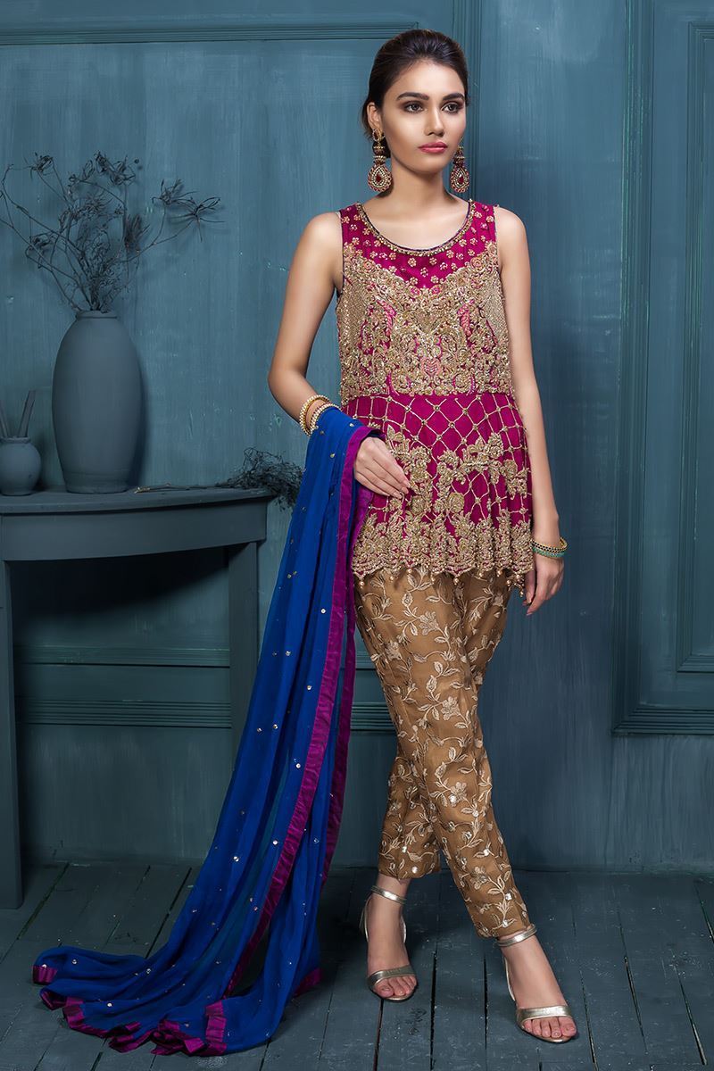 Pakistani Magenta Embroidered Chiffon Peplum Dress (3-Piece) - Image 1