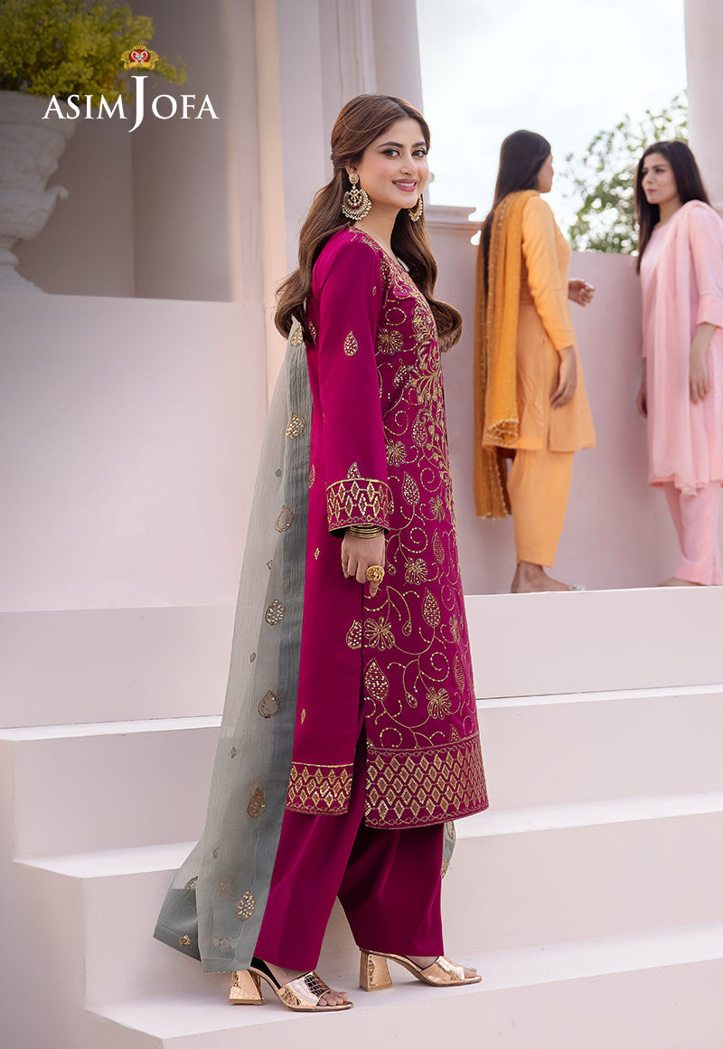 Pakistani Deep Magenta Embroidered Boski Silk 3-Piece Suit - Image 2