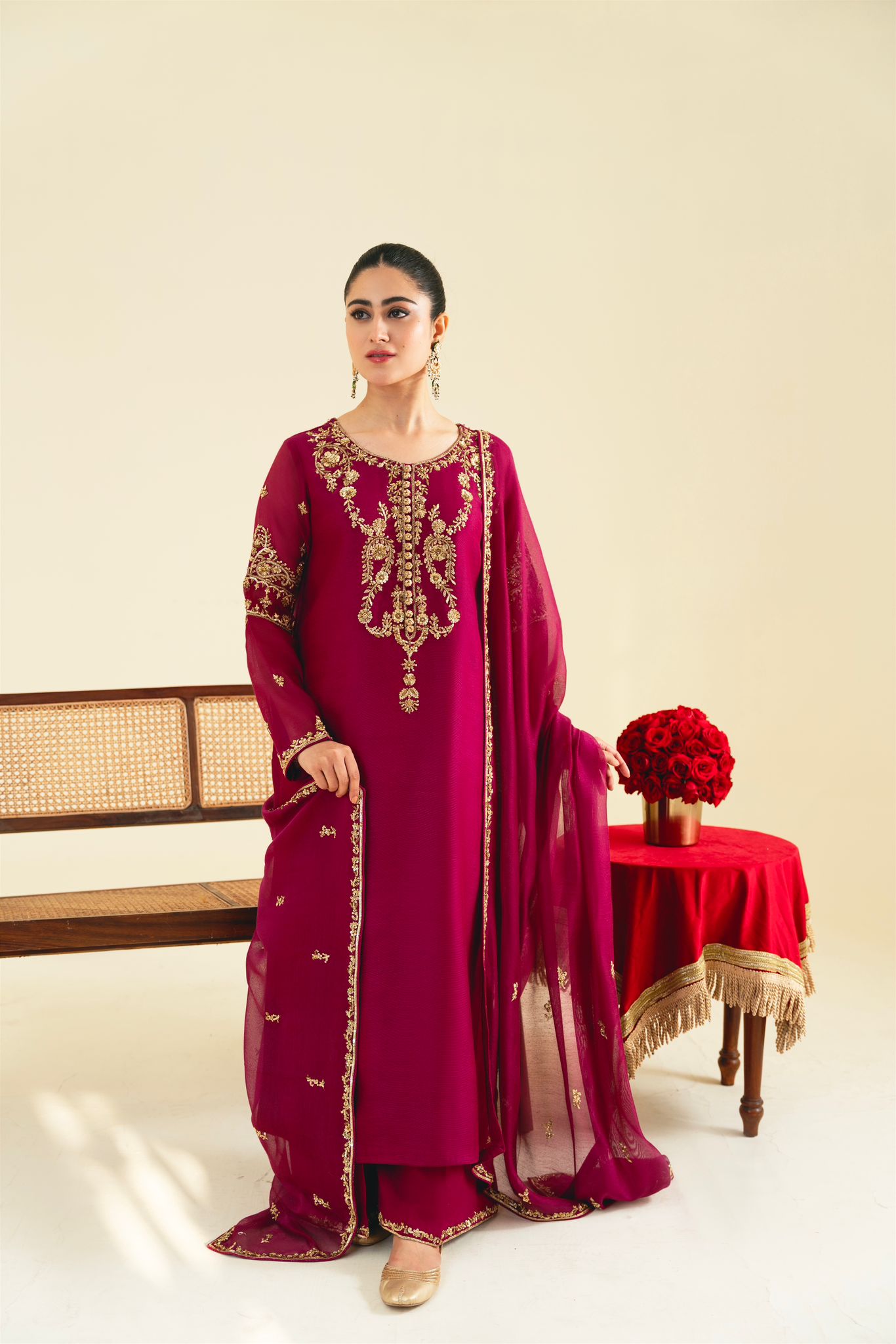 Deep Magenta Hand Ada Cotton Net Salwar Kameez (3-Piece) - Image 1