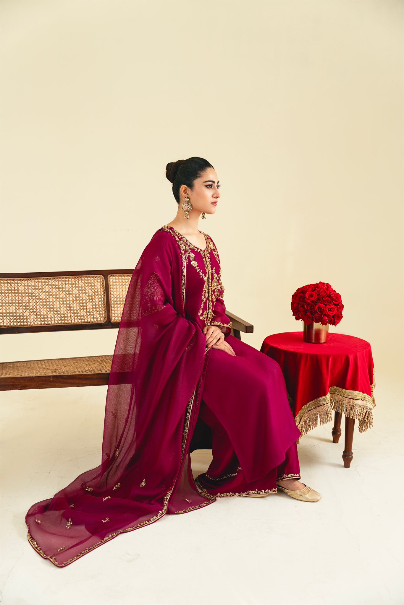 Deep Magenta Hand Ada Cotton Net Salwar Kameez (3-Piece) - Image 2