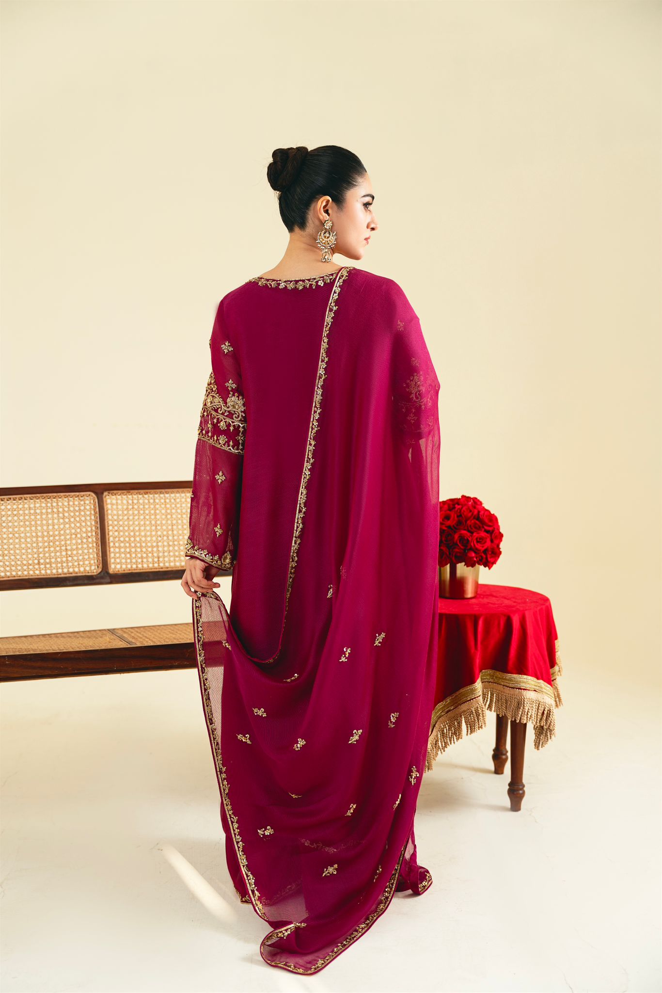Deep Magenta Hand Ada Cotton Net Salwar Kameez (3-Piece) - Image 3