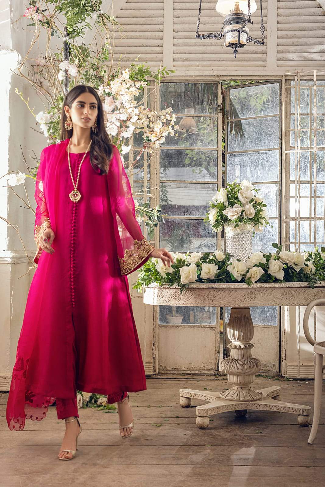 Magenta Hand Embellished Pure Organza Salwar Kameez (3-Piece) - Image 1