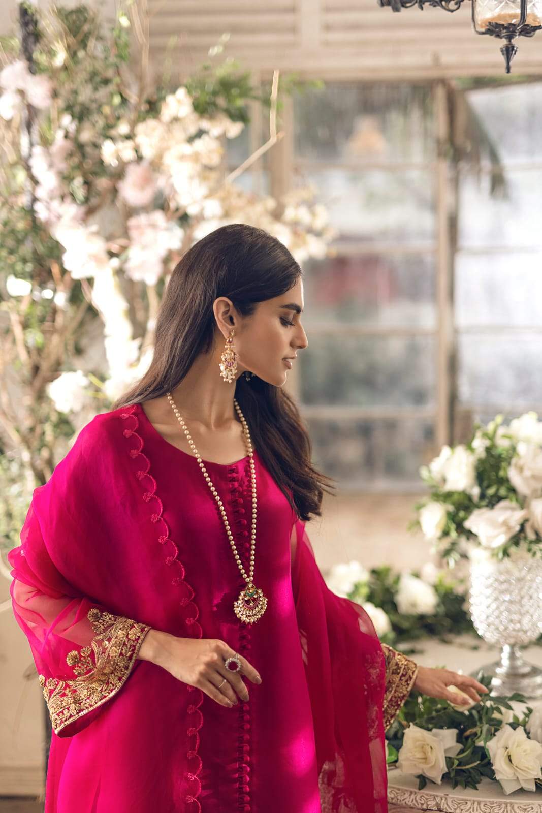 Magenta Hand Embellished Pure Organza Salwar Kameez (3-Piece) - Image 2