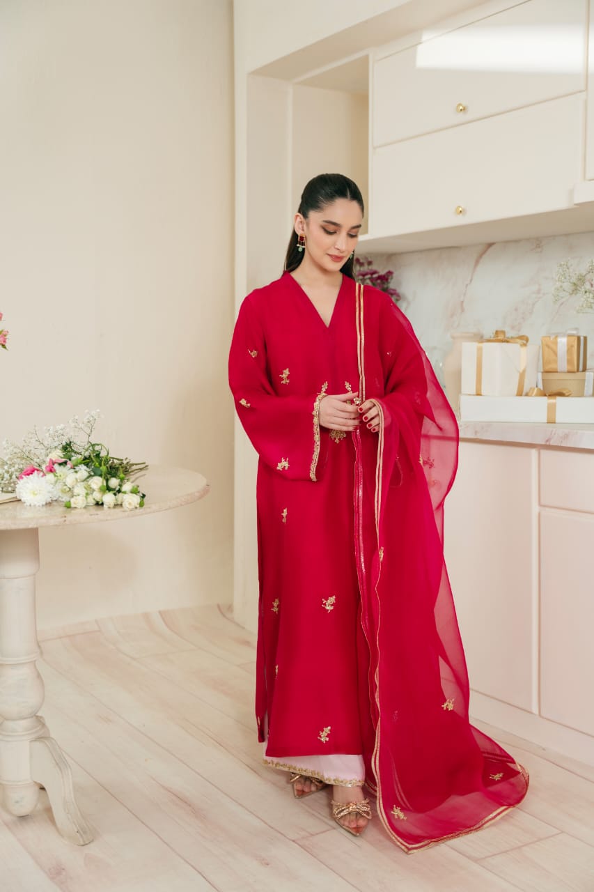 Pakistani Dark Magenta Gold Ada Work Silk Kameez (3-Piece) - Image 3