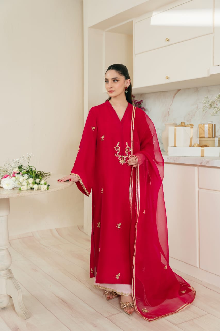 Pakistani Dark Magenta Gold Ada Work Silk Kameez (3-Piece) - Image 4