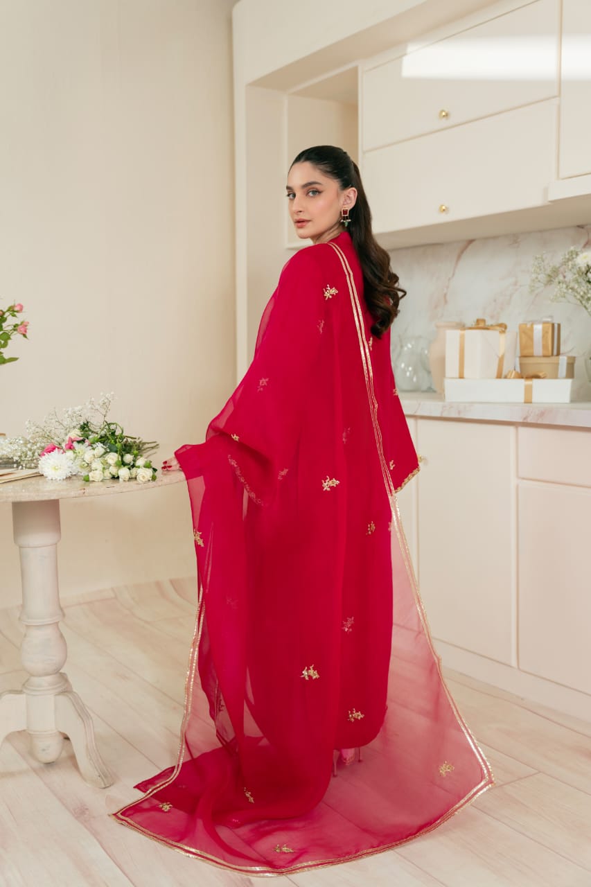 Pakistani Dark Magenta Gold Ada Work Silk Kameez (3-Piece) - Image 5