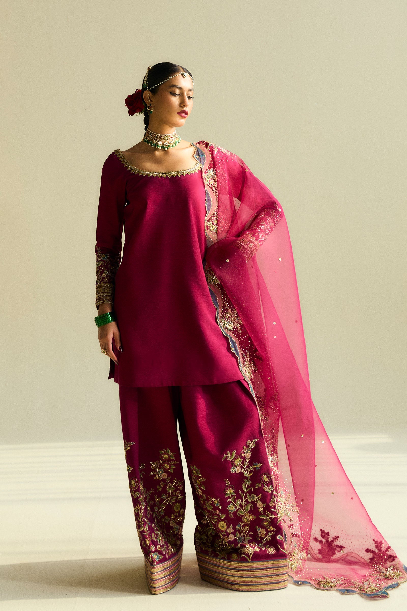Deep Magenta Embroidered Raw Silk Salwar Kameez (3-Piece) - Image 1