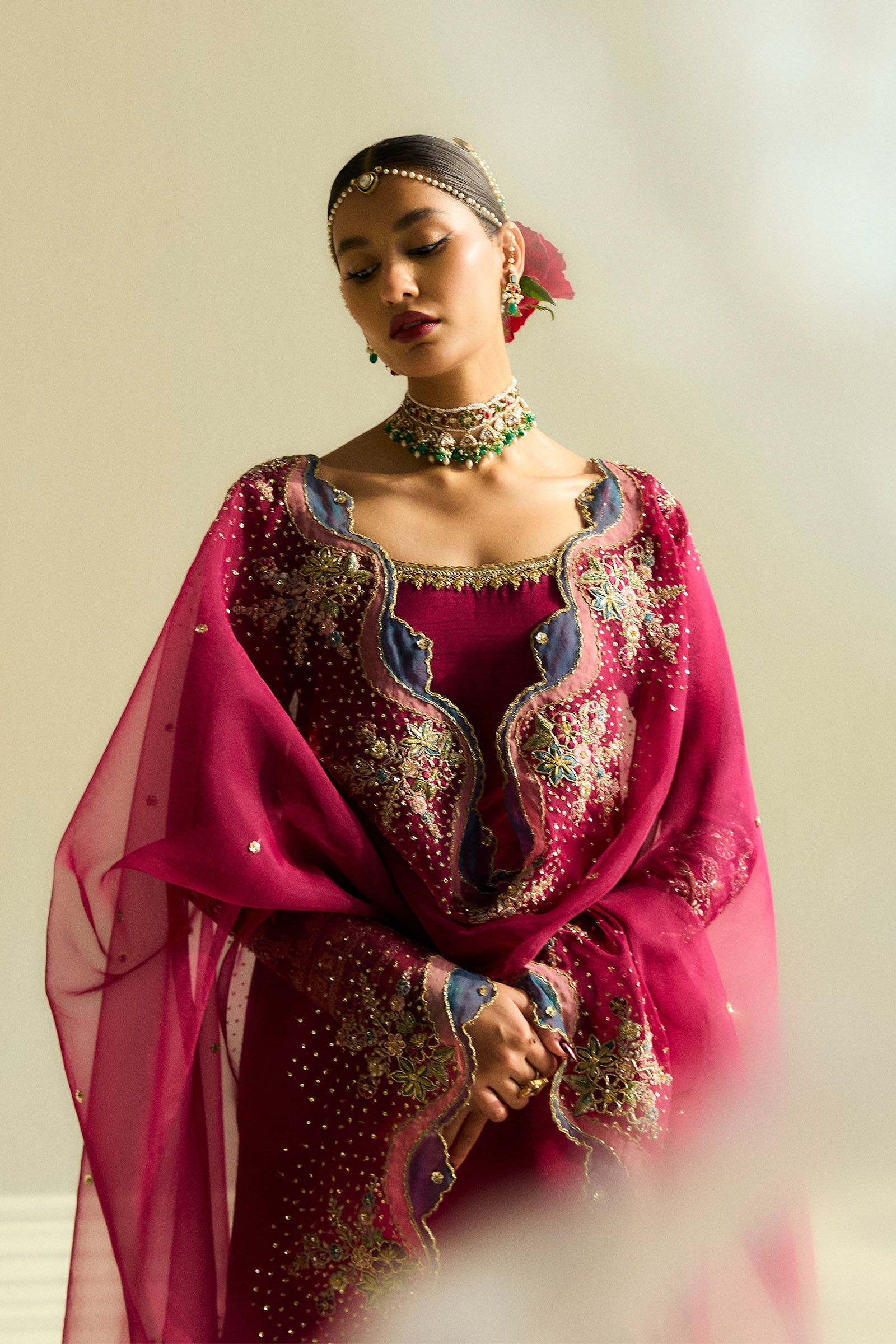 Deep Magenta Embroidered Raw Silk Salwar Kameez (3-Piece) - Image 2