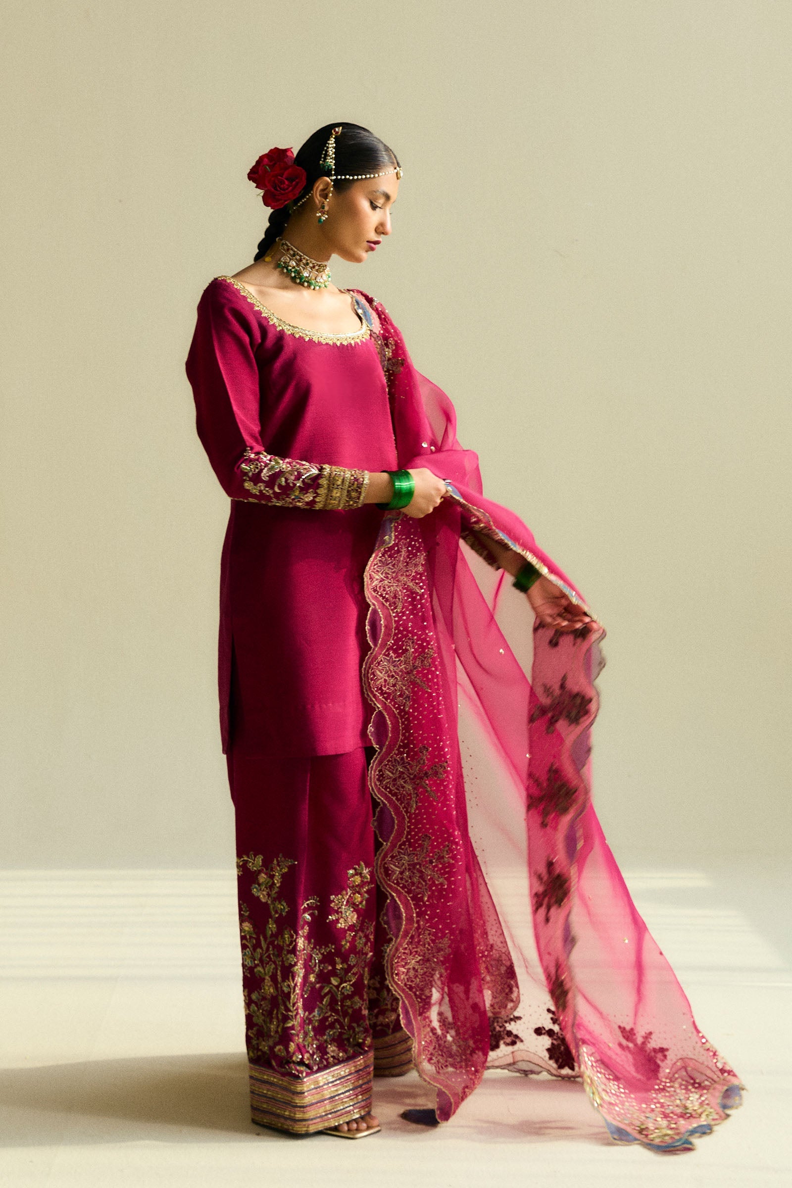 Deep Magenta Embroidered Raw Silk Salwar Kameez (3-Piece) - Image 3