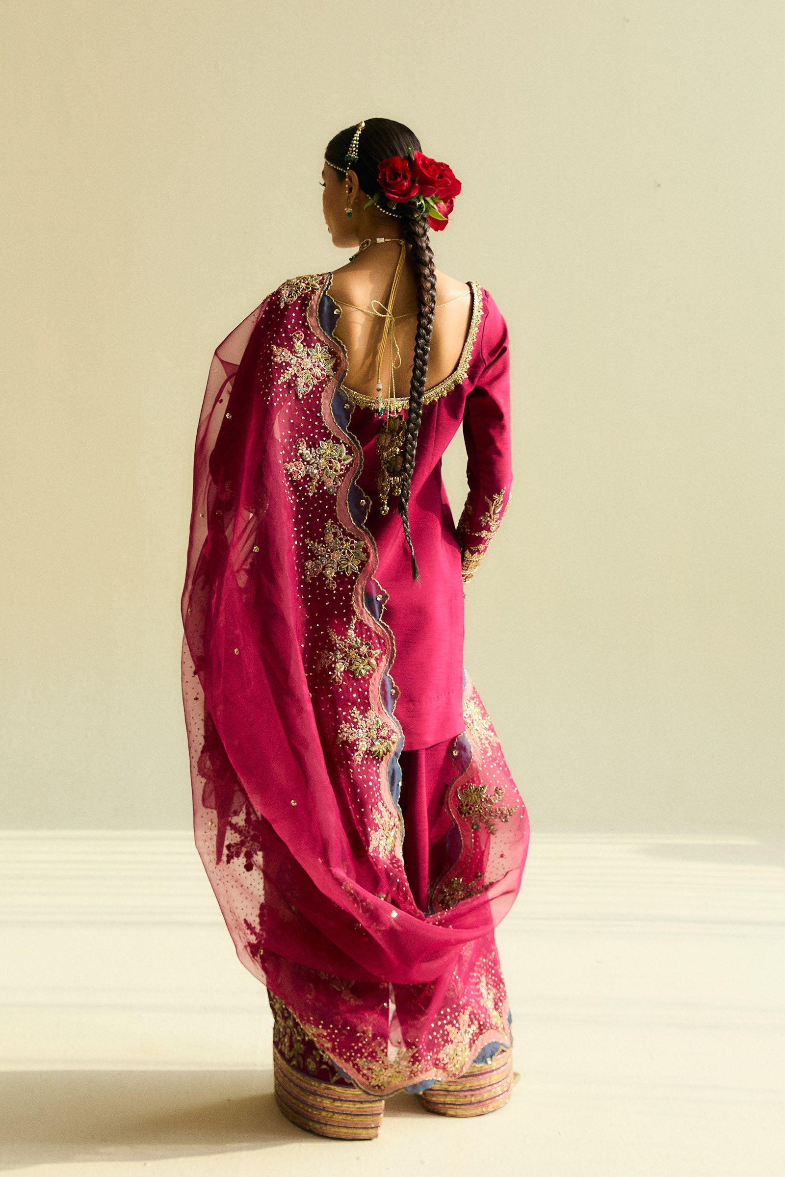 Deep Magenta Embroidered Raw Silk Salwar Kameez (3-Piece) - Image 4