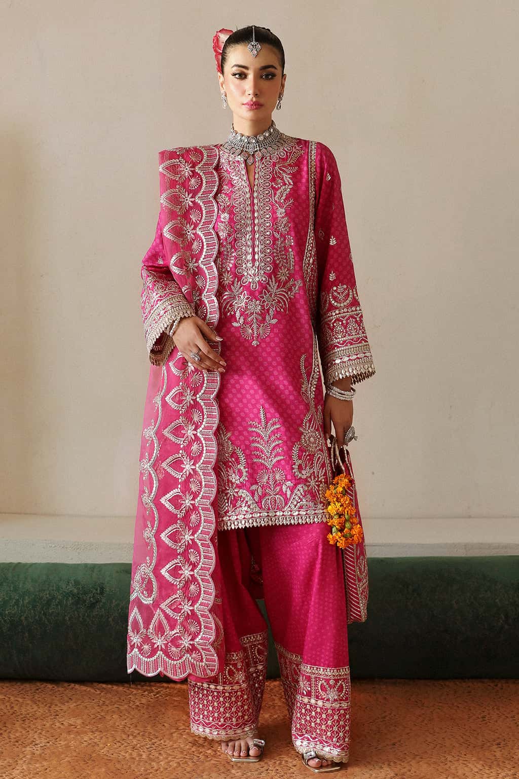 Magenta Embroidered Raw Silk Salwar Kameez (3-Piece) - Image 1