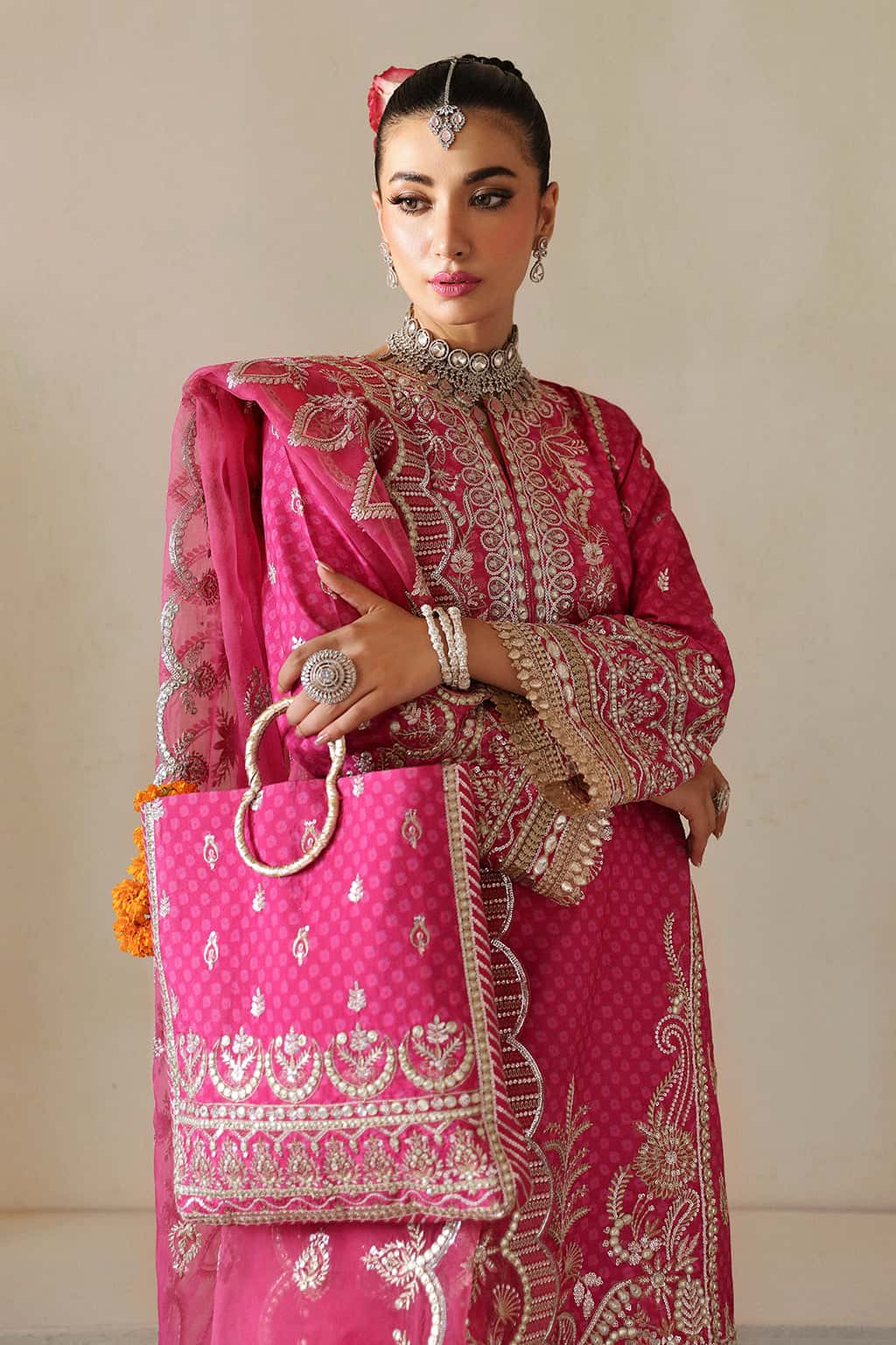Magenta Embroidered Raw Silk Salwar Kameez (3-Piece) - Image 3