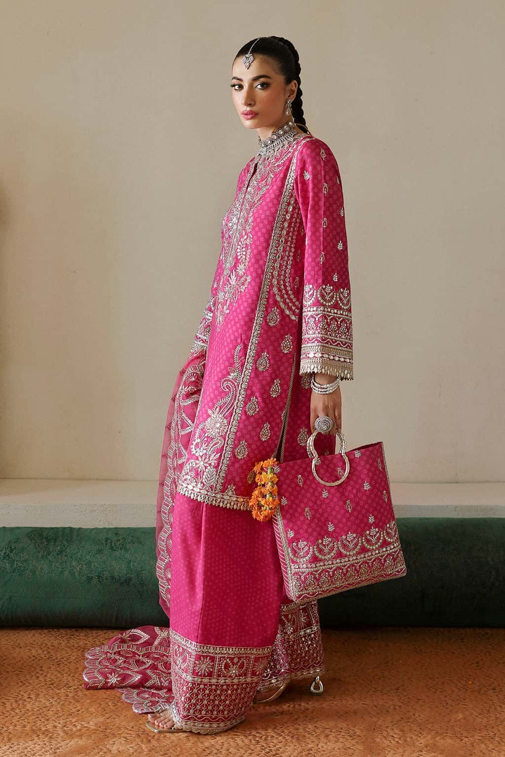 Magenta Embroidered Raw Silk Salwar Kameez (3-Piece) - Image 6
