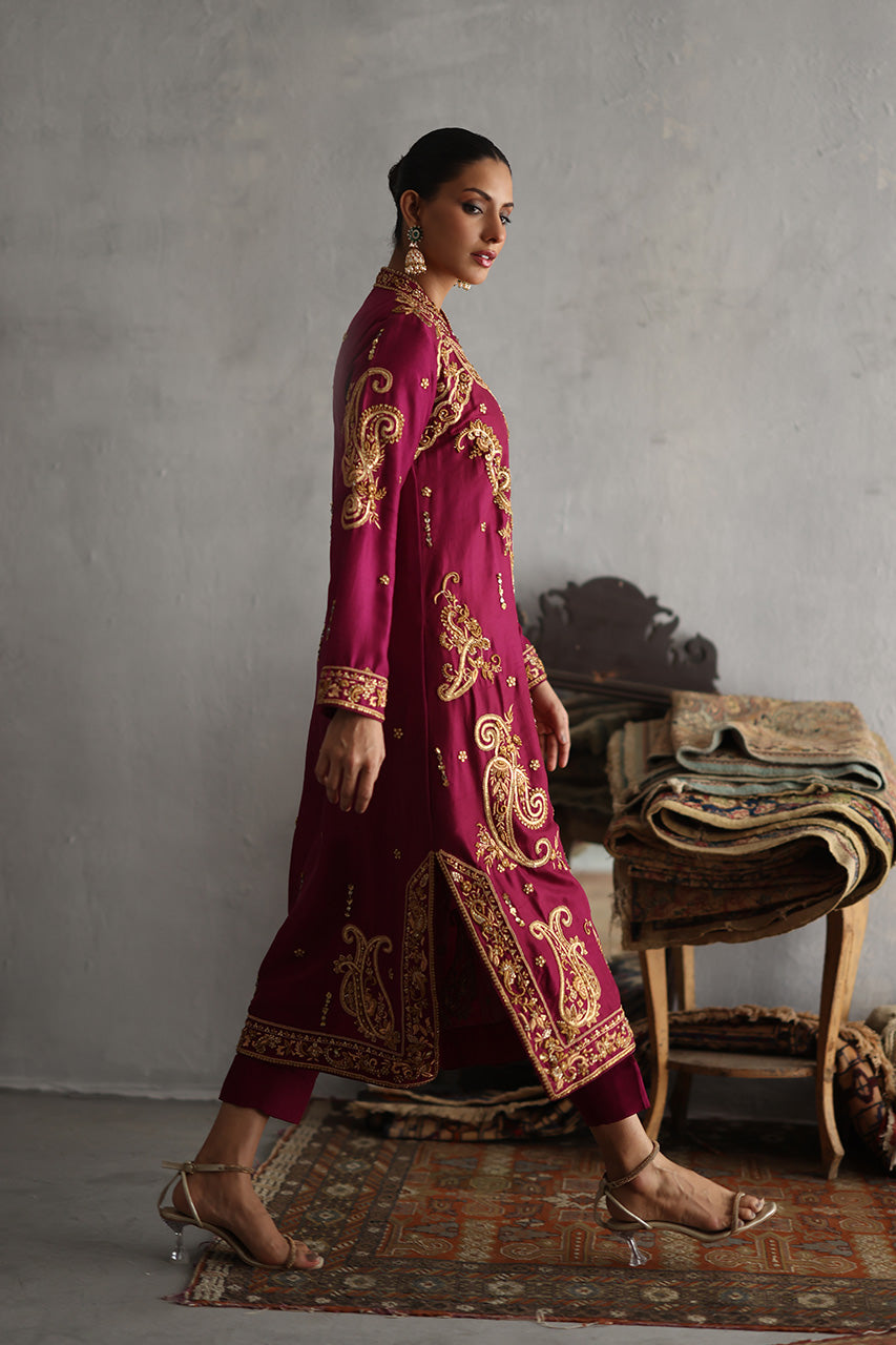 Magenta Zardozi & Marori Raw Silk Salwar Kameez (3-Piece) - Image 5