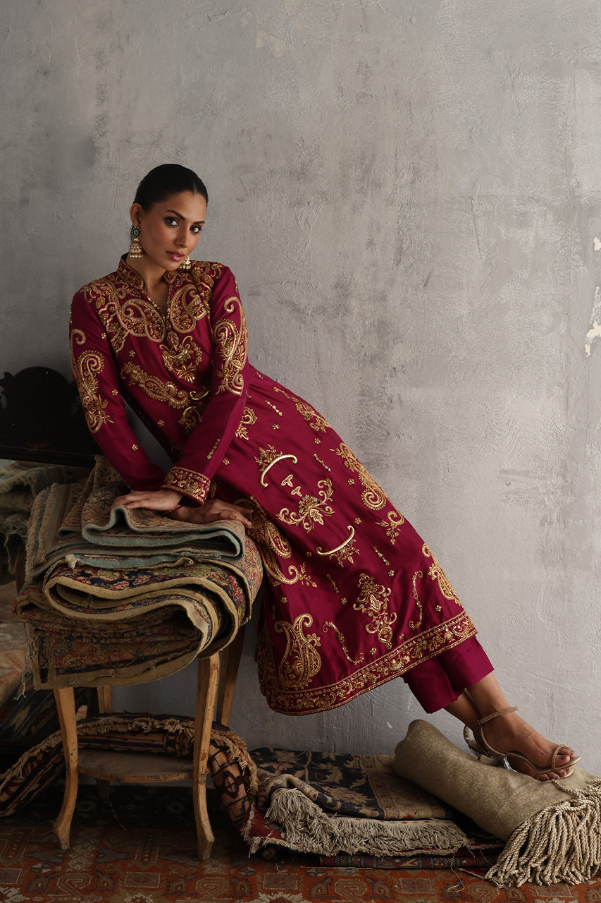 Magenta Zardozi & Marori Raw Silk Salwar Kameez (3-Piece) - Image 7