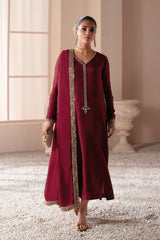 Pakistani Deep Magenta Embroidered Tussle Silk Salwar Kameez (3-Piece) - Image 2
