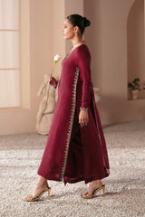 Pakistani Deep Magenta Embroidered Tussle Silk Salwar Kameez (3-Piece) - Image 3