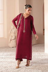 Pakistani Deep Magenta Embroidered Tussle Silk Salwar Kameez (3-Piece) - Image 4