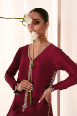 Pakistani Deep Magenta Embroidered Tussle Silk Salwar Kameez (3-Piece) - Image 7