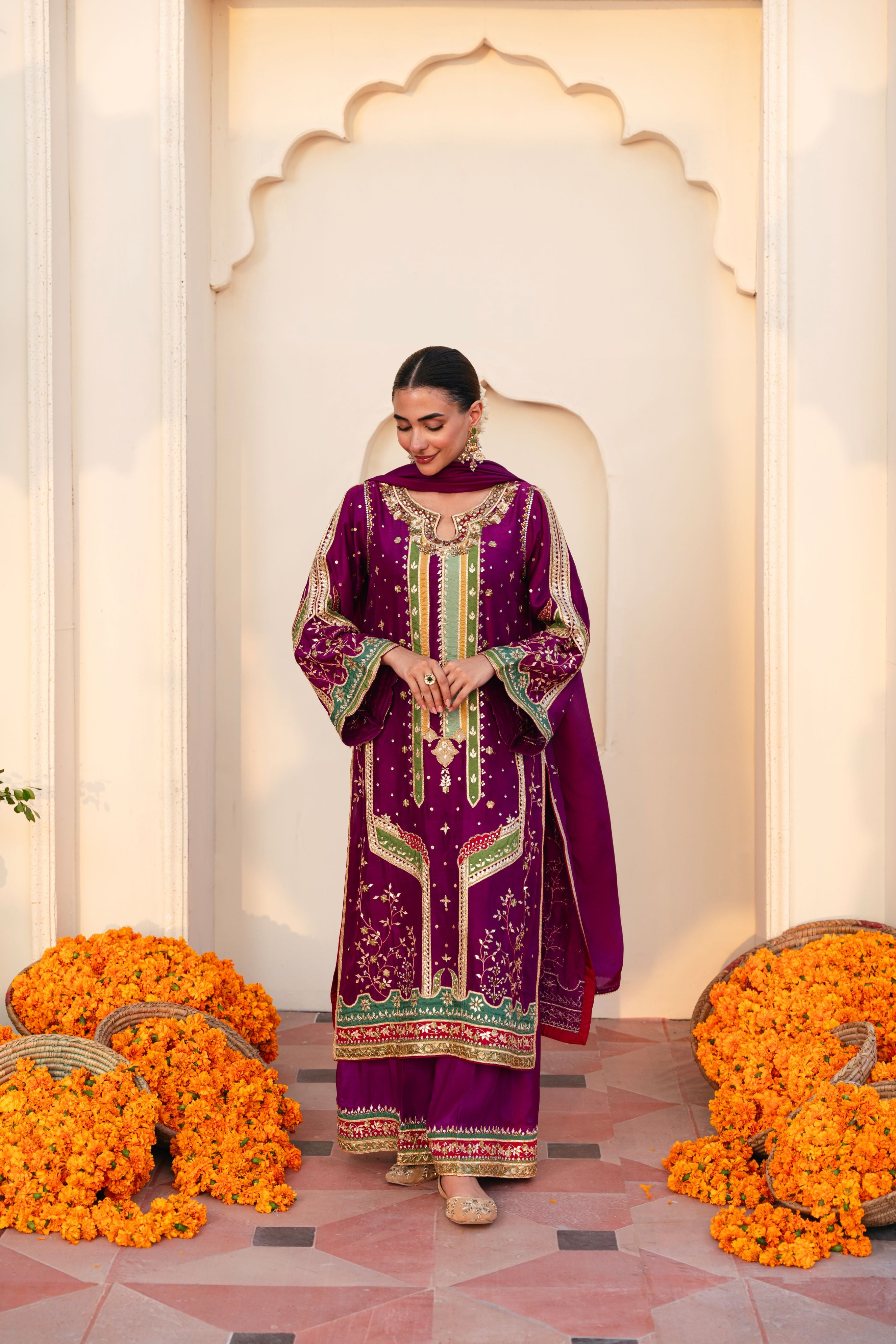 Deep Magenta Hand Ada Work Velvet Salwar Kameez (3-Piece) - Image 1