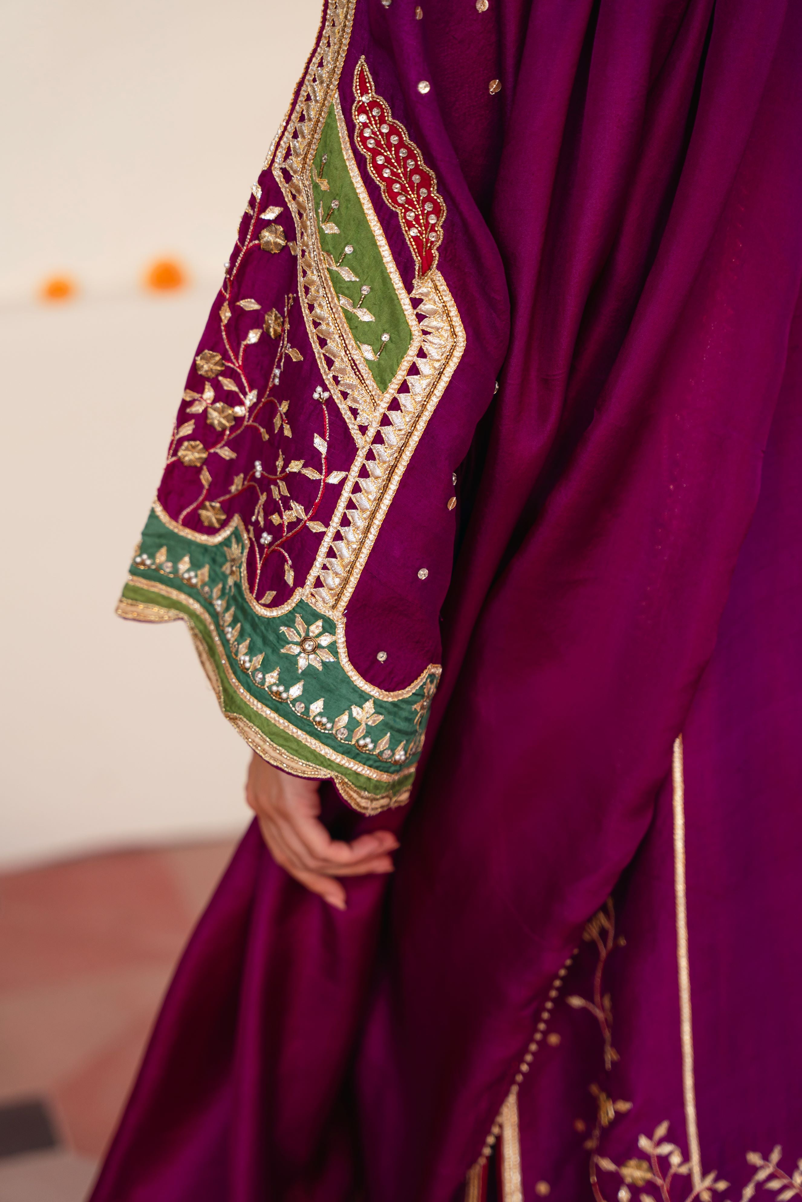 Deep Magenta Hand Ada Work Velvet Salwar Kameez (3-Piece) - Image 2