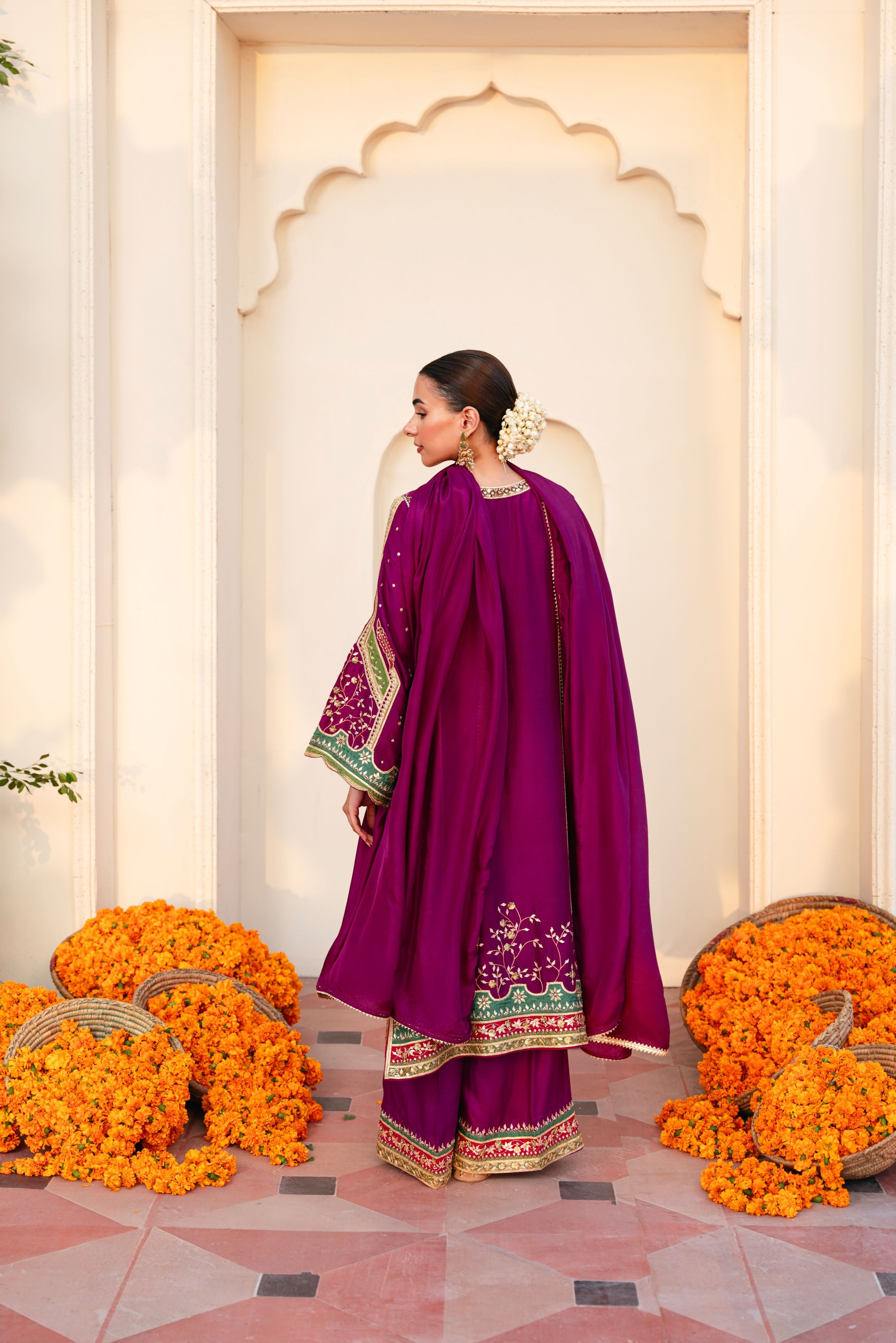 Deep Magenta Hand Ada Work Velvet Salwar Kameez (3-Piece) - Image 3