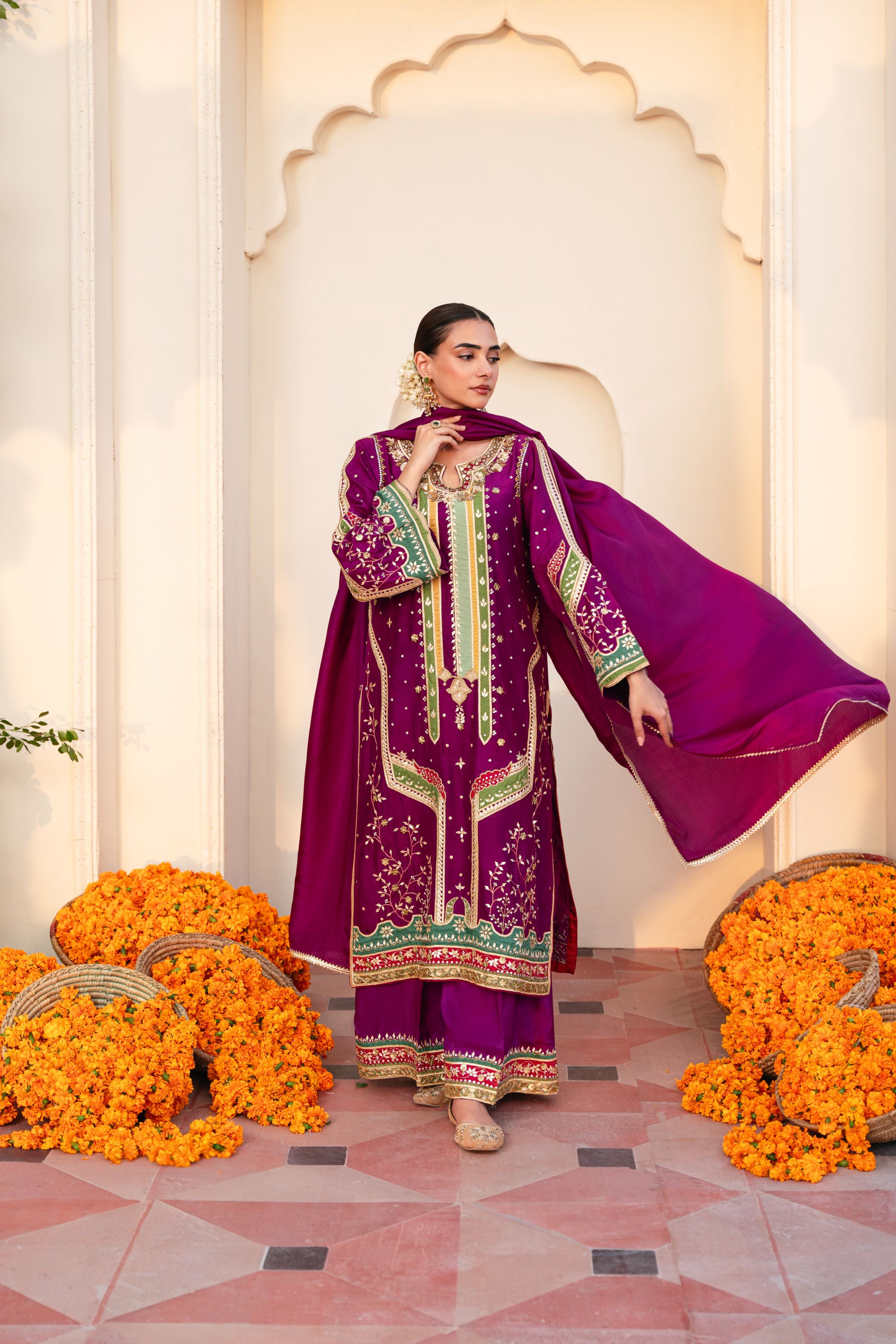 Deep Magenta Hand Ada Work Velvet Salwar Kameez (3-Piece) - Image 4