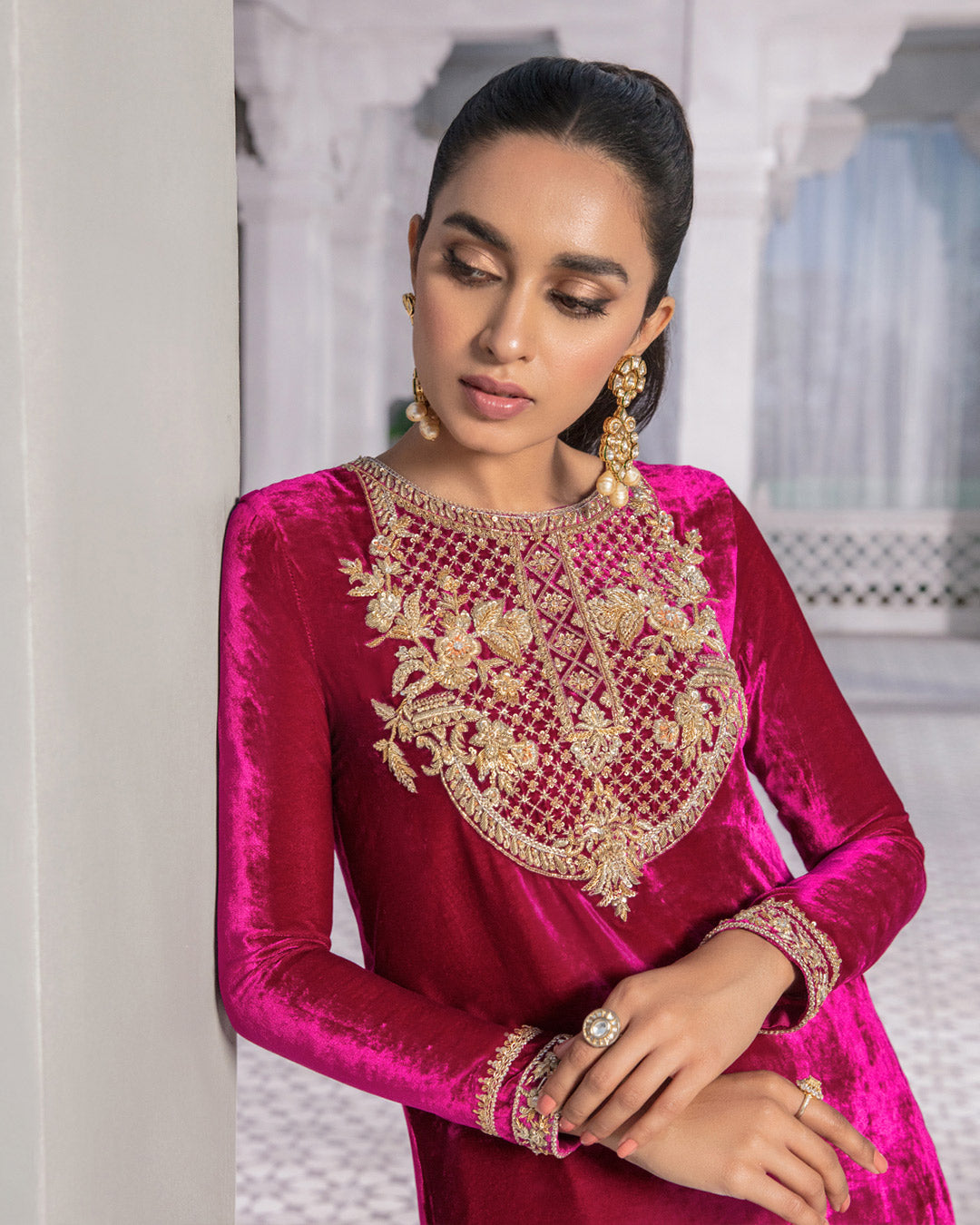 Pakistani Dark Magenta Embellished Velvet Salwar Kameez (3-Piece) - Image 3