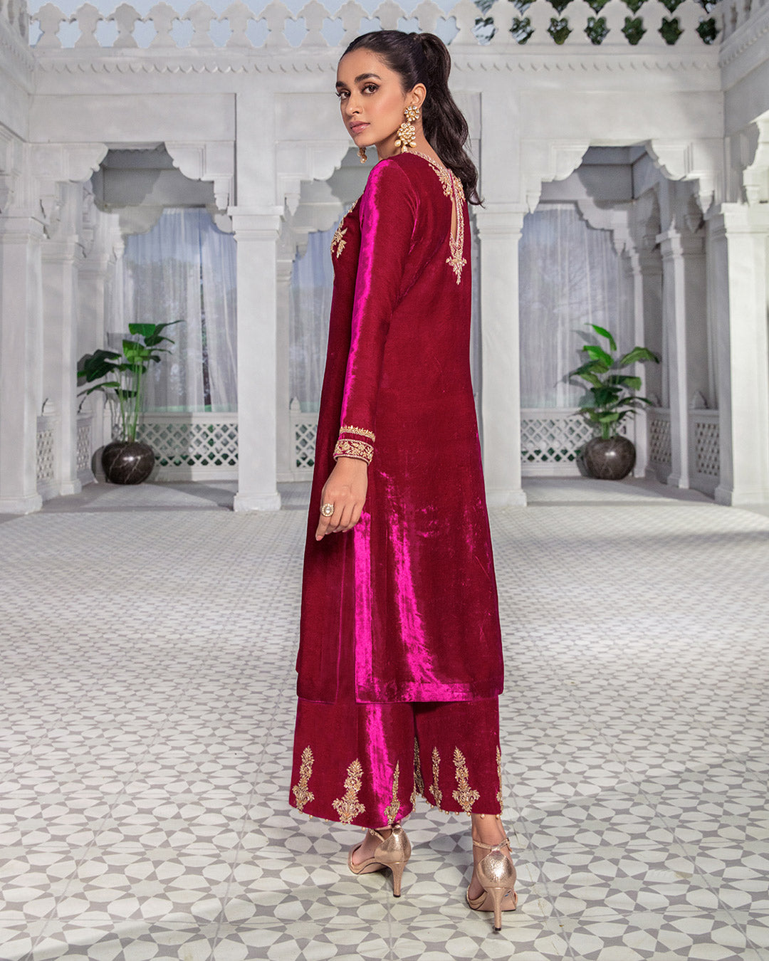 Pakistani Dark Magenta Embroidered Velvet Salwar Kameez (3-Piece) - Image 2