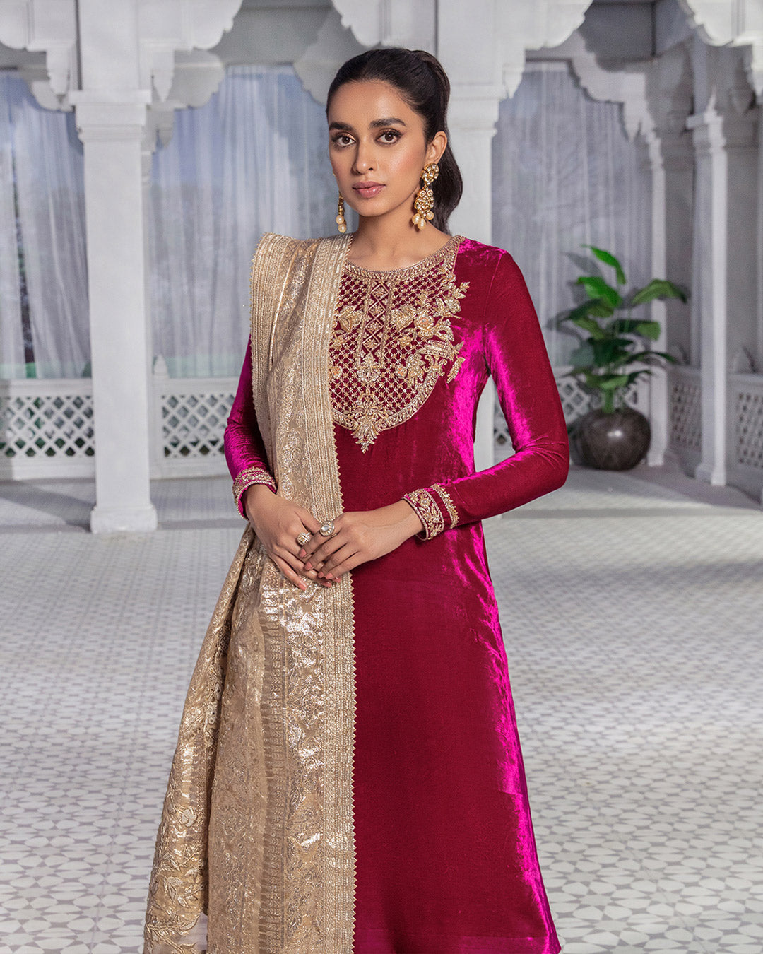 Pakistani Dark Magenta Embroidered Velvet Salwar Kameez (3-Piece) - Image 4