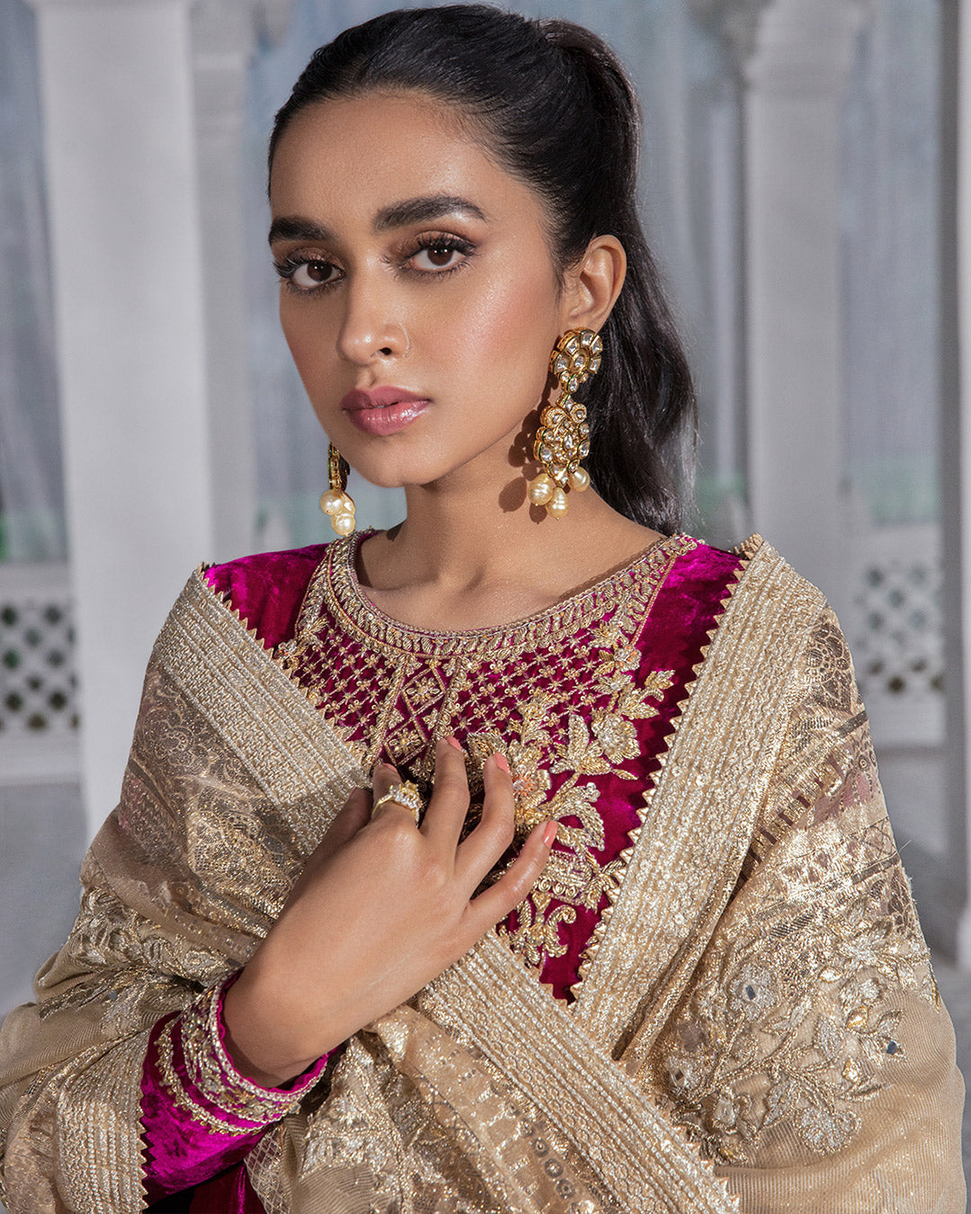 Pakistani Dark Magenta Embroidered Velvet Salwar Kameez (3-Piece) - Image 5