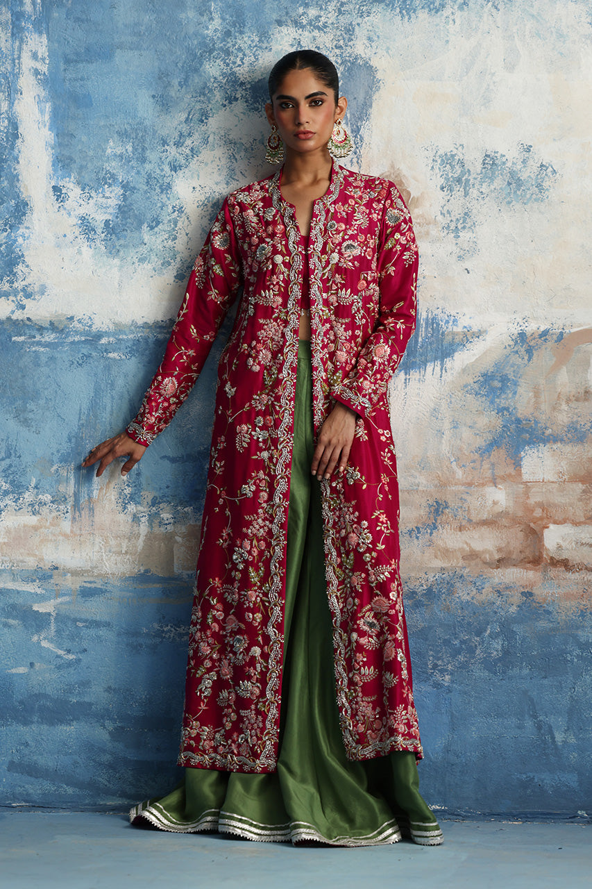 Pakistani Magenta Hand-Embroidered Raw Silk Jacket Set (3-Piece) - Image 1