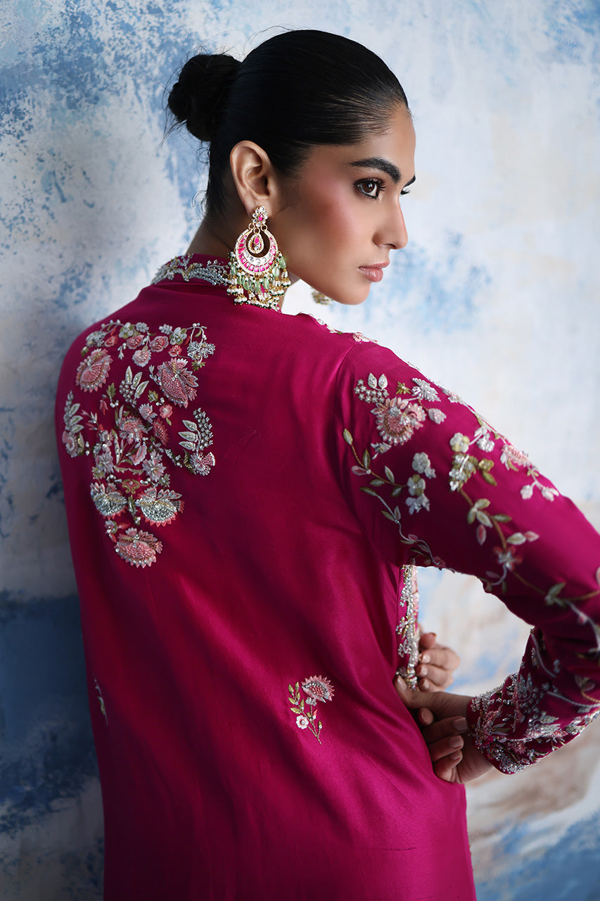 Pakistani Magenta Hand-Embroidered Raw Silk Jacket Set (3-Piece) - Image 2