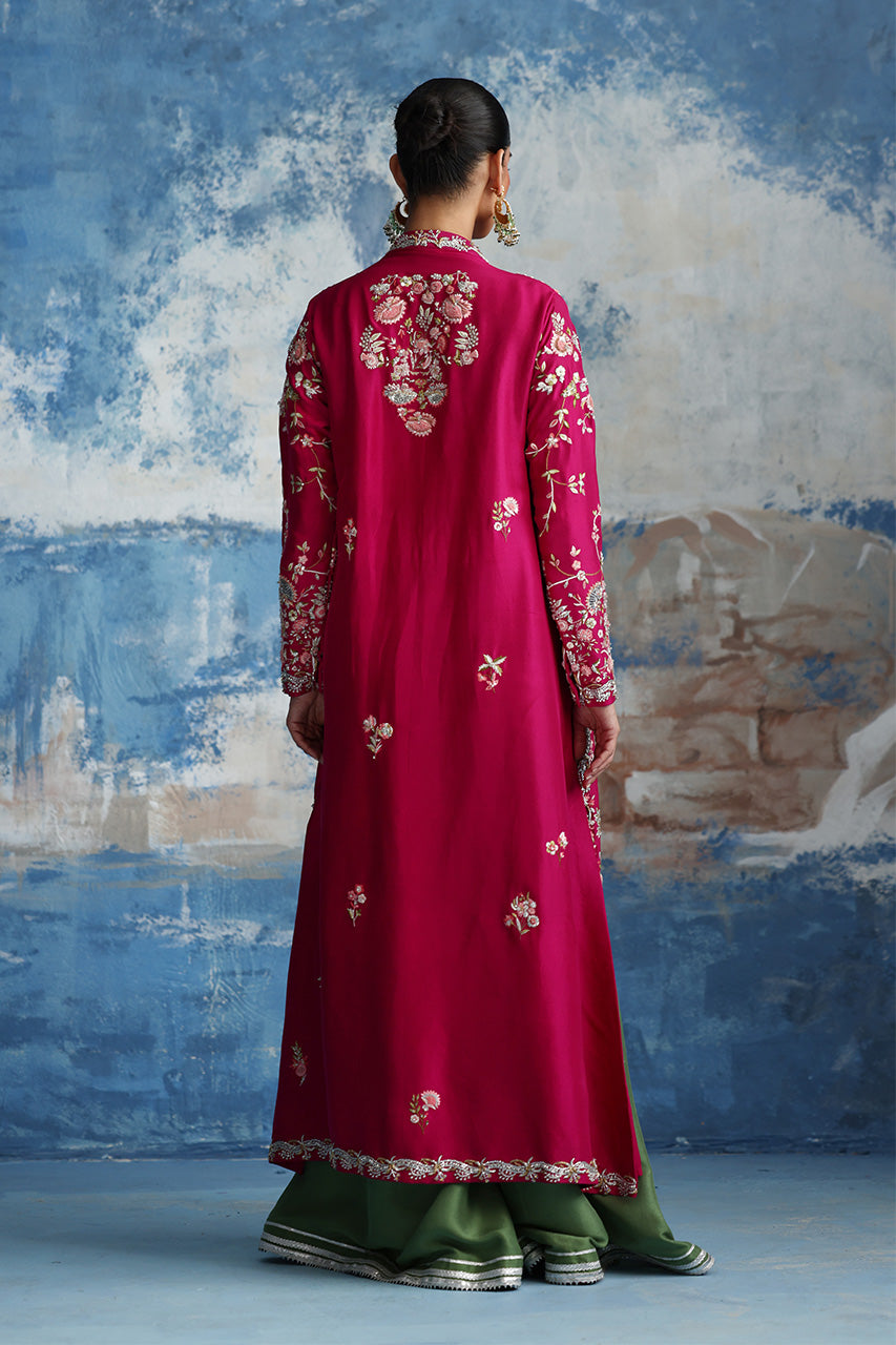 Pakistani Magenta Hand-Embroidered Raw Silk Jacket Set (3-Piece) - Image 3