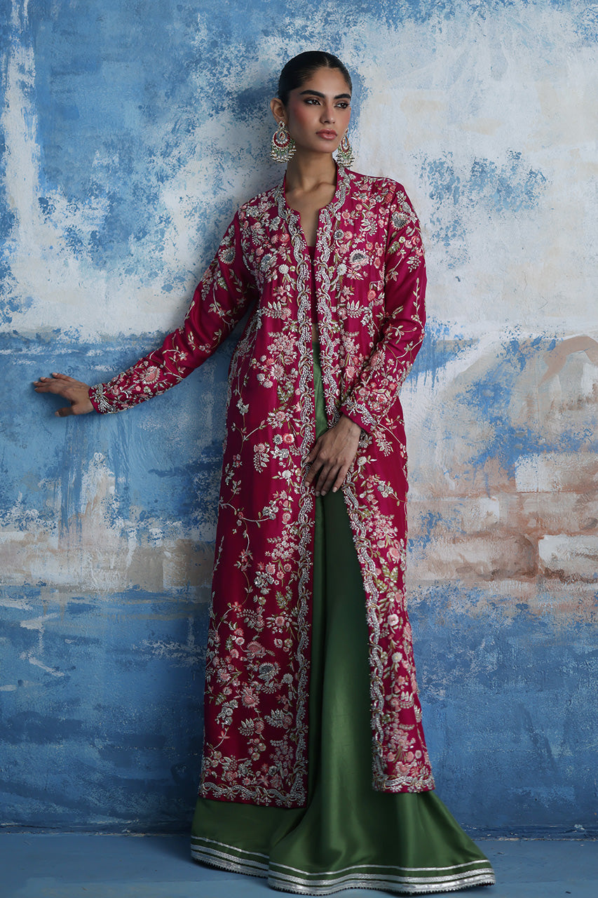 Pakistani Magenta Hand-Embroidered Raw Silk Jacket Set (3-Piece) - Image 4