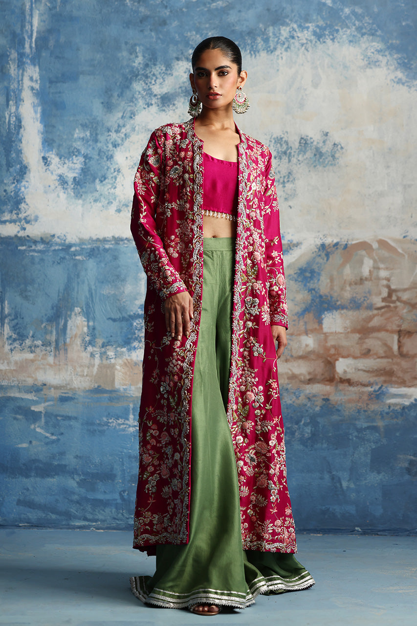 Pakistani Magenta Hand-Embroidered Raw Silk Jacket Set (3-Piece) - Image 5