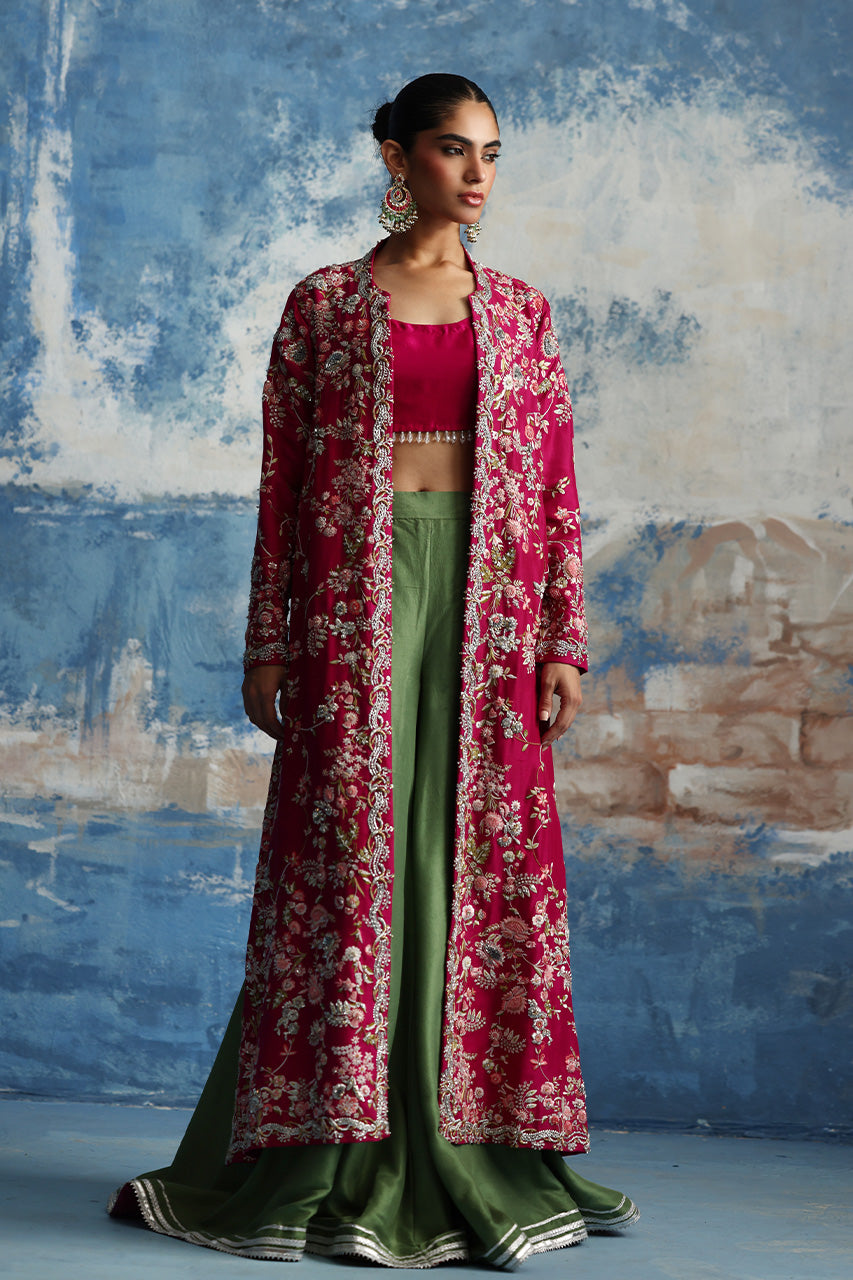 Pakistani Magenta Hand-Embroidered Raw Silk Jacket Set (3-Piece) - Image 6
