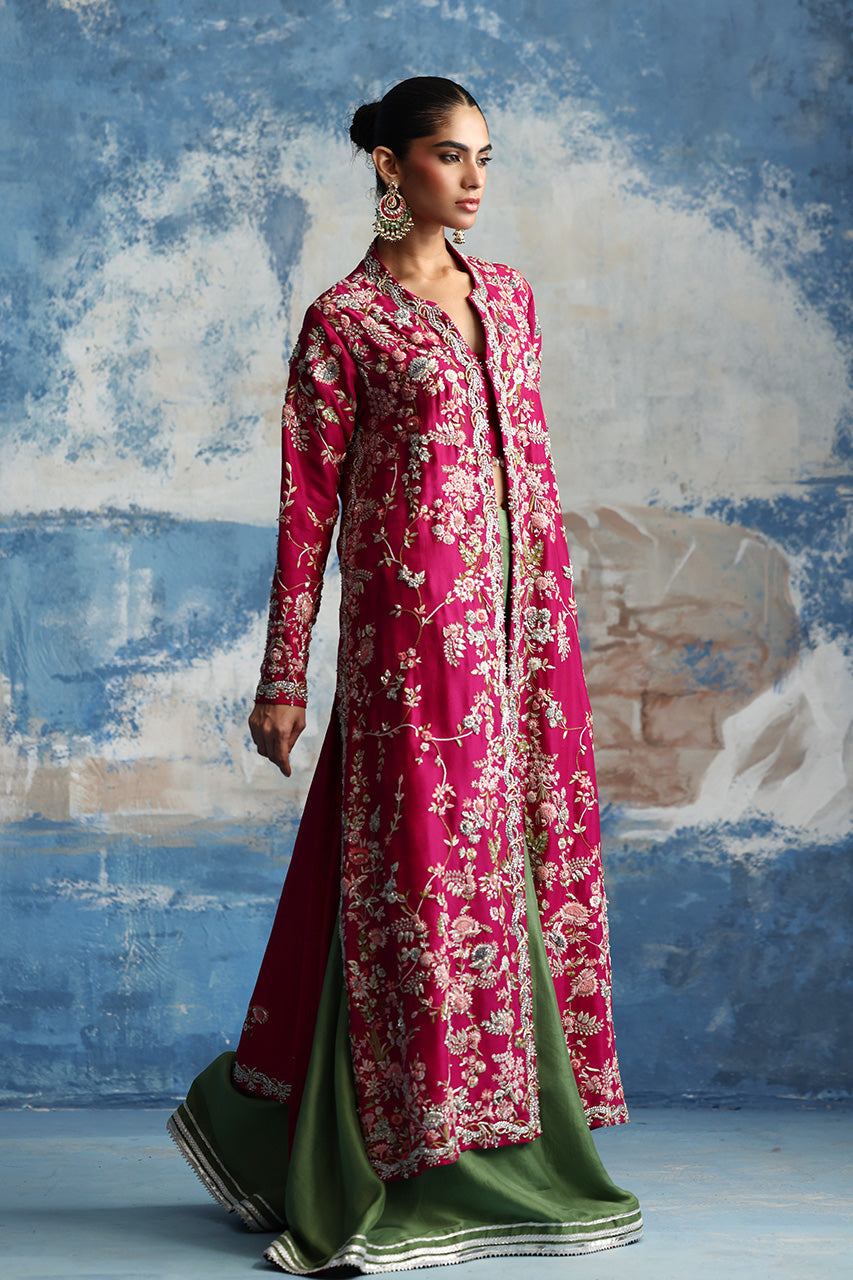 Pakistani Magenta Hand-Embroidered Raw Silk Jacket Set (3-Piece) - Image 7