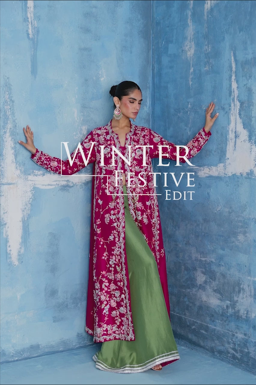 Pakistani Magenta Hand-Embroidered Raw Silk Jacket Set (3-Piece) - Image 8