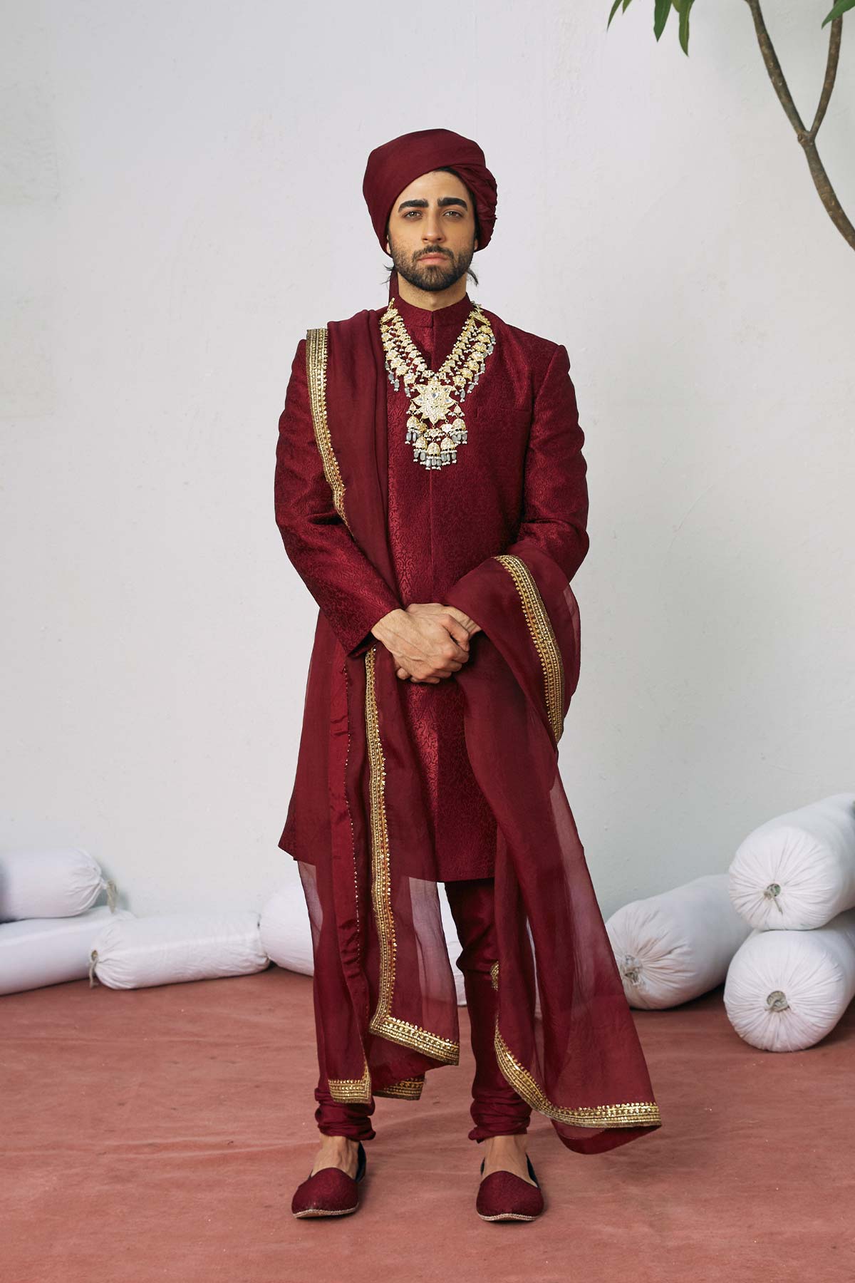 Viva Magenta Embroidered Pure Raw Silk Sherwani (3-Piece) - Image 1