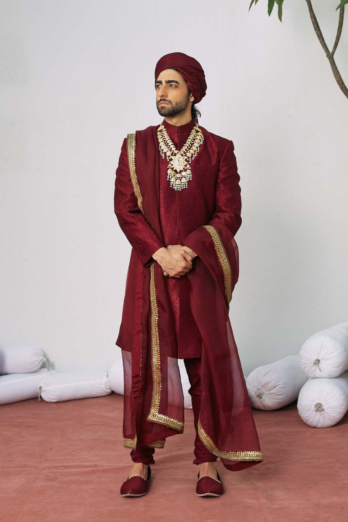 Viva Magenta Embroidered Pure Raw Silk Sherwani (3-Piece) - Image 4