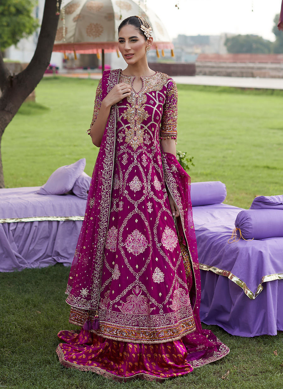 Pakistani Deep Berry Zardozi Net Kalidaar Lehenga (3-Piece) - Image 1