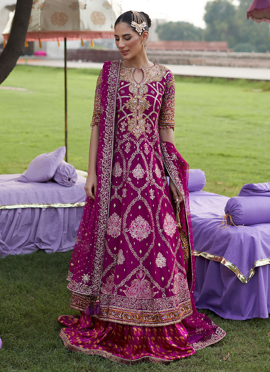 Pakistani Deep Berry Zardozi Net Kalidaar Lehenga (3-Piece) - Image 2