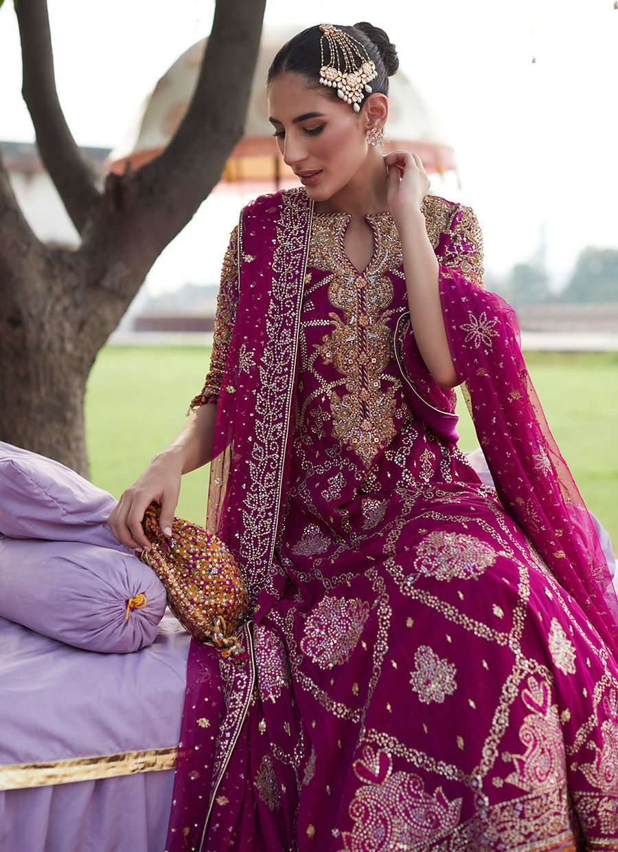 Pakistani Deep Berry Zardozi Net Kalidaar Lehenga (3-Piece) - Image 3