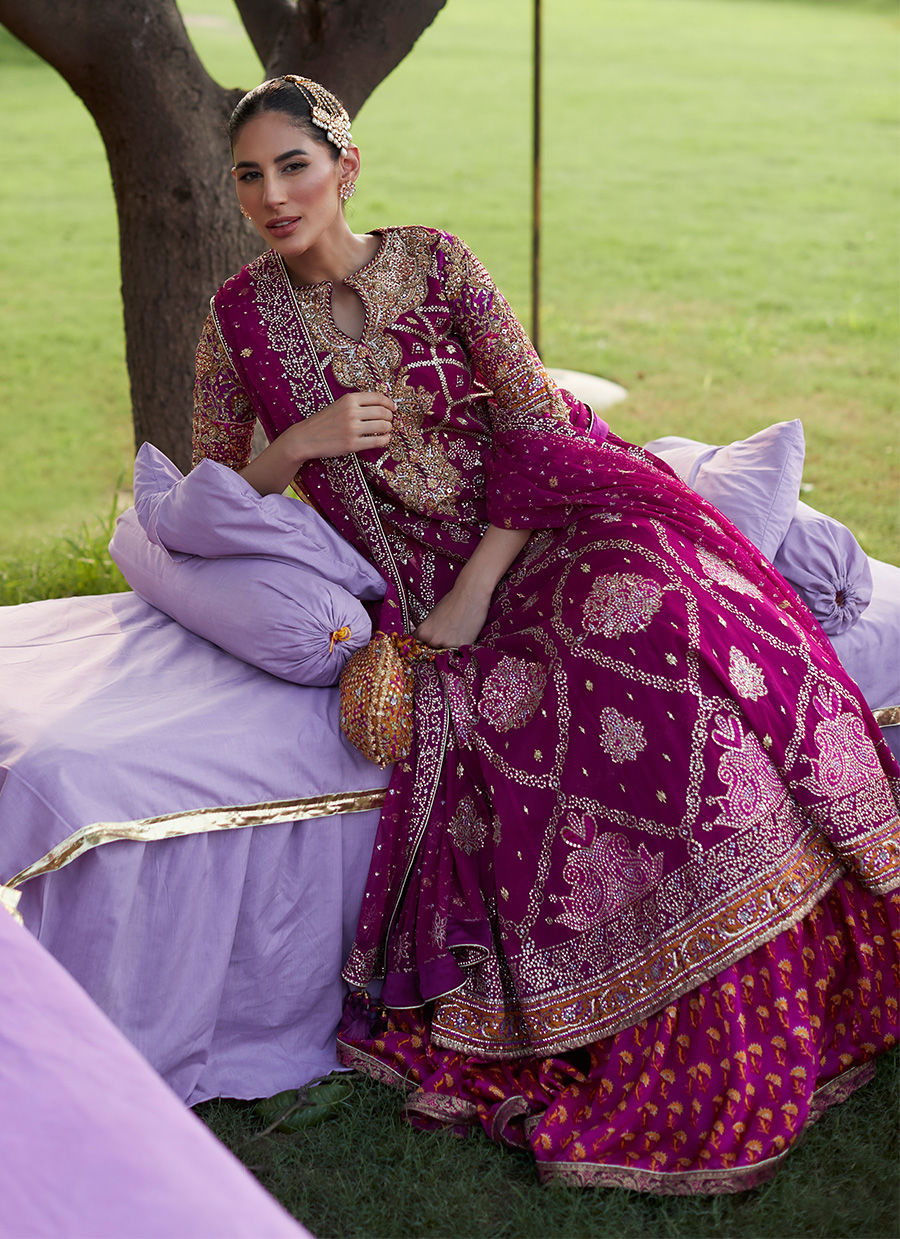 Pakistani Deep Berry Zardozi Net Kalidaar Lehenga (3-Piece) - Image 4