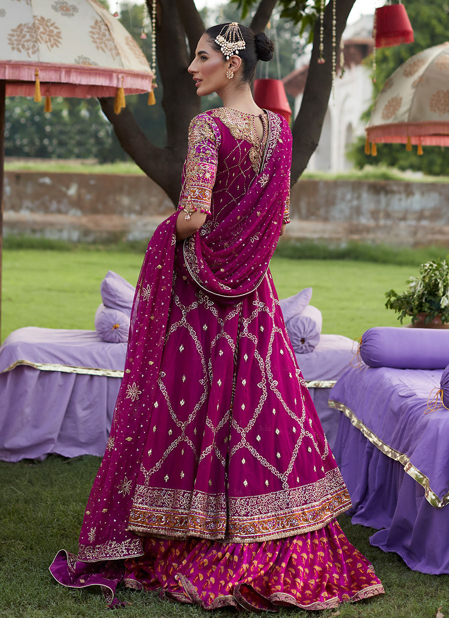 Pakistani Deep Berry Zardozi Net Kalidaar Lehenga (3-Piece) - Image 6