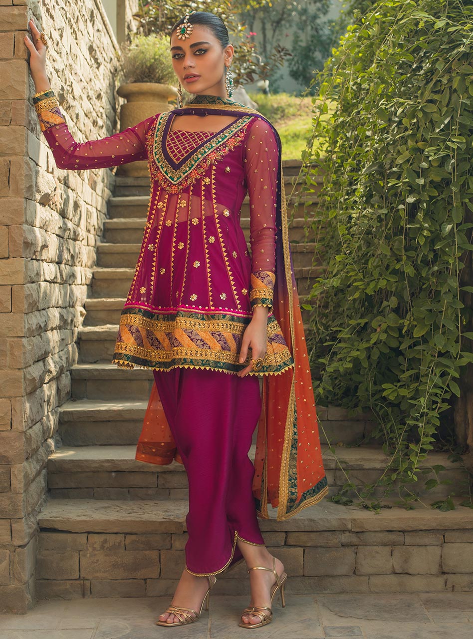 Pakistani Magenta Gota Work Net Peplum (3-Piece) - Image 1